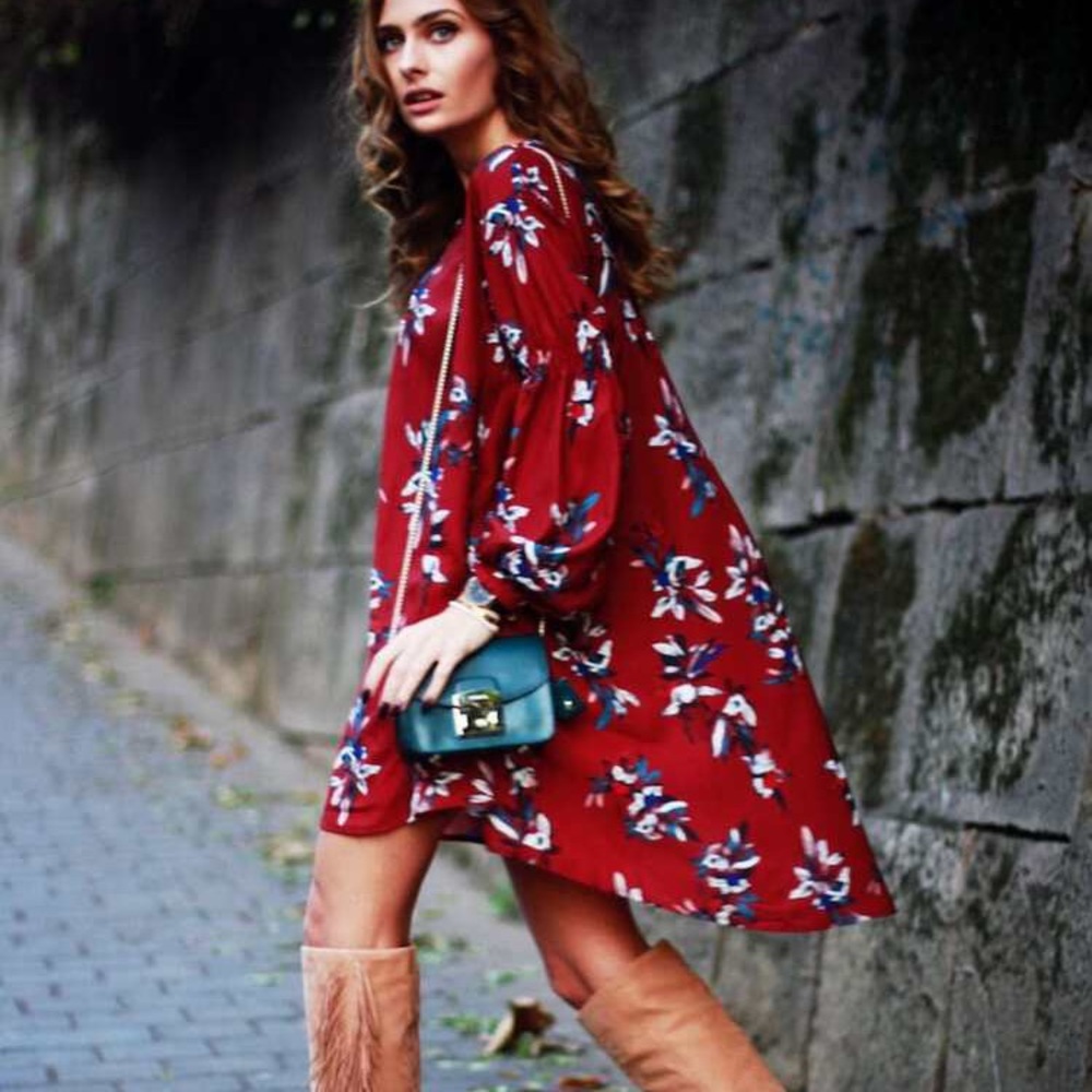 Boho Burgundy floral print long sleeve mini dress